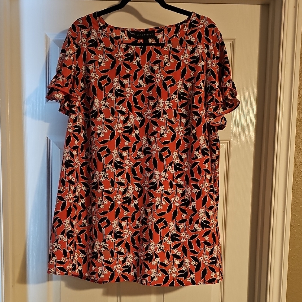 Lane Bryant Pink Blouse with Black and White Leaf Pattern